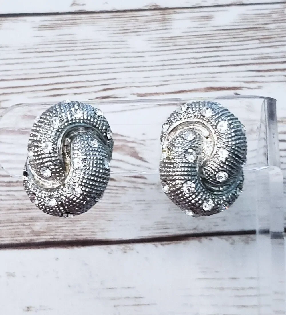 Vintage Clip On Earrings - Twisted Silver Tone & Clear Gem 1